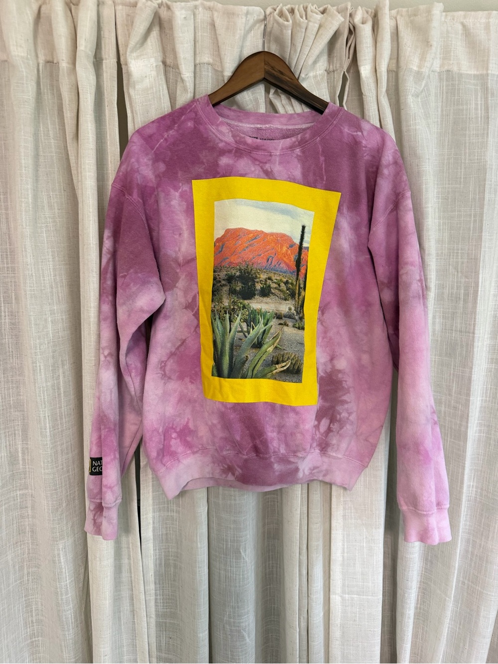 National Geographic Pink Tie-Dye Crewneck with Yellow Desert Graphic